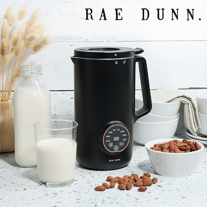 Rae Dunn 8-in-1 Nut &amp Plant Milk Maker – Almond Oat Soy &amp More – 800ml Cold / 700ml Hot – Automatic Delay Start Self-Clean – Includes Stirrer Measuring Cup &amp Brush Black