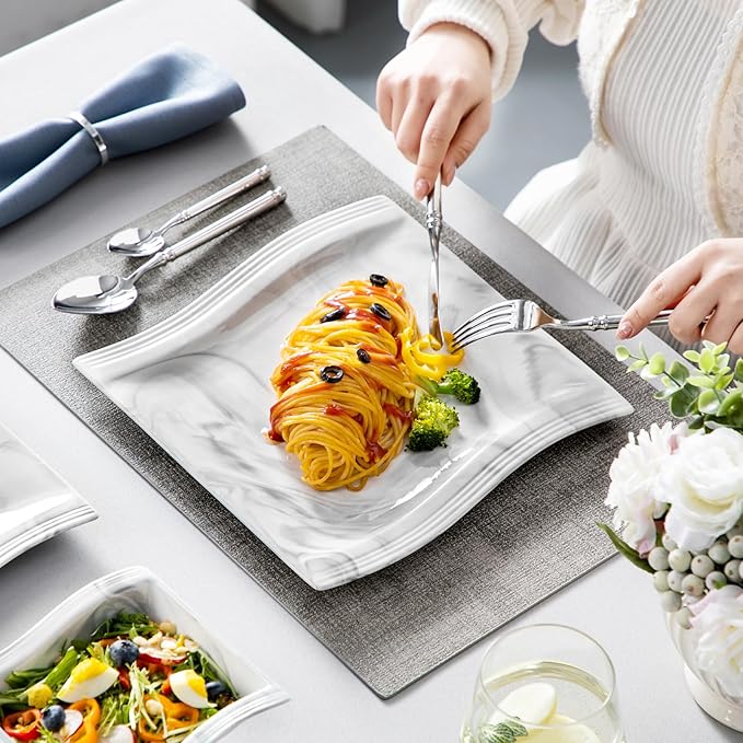 MALACASA Plates and Bowls Set 12-Piece Modern Porcelain Dinnerware for 4 Marble Square Ceramic Dish Set Microwave and Dishwasher Safe Flora Series