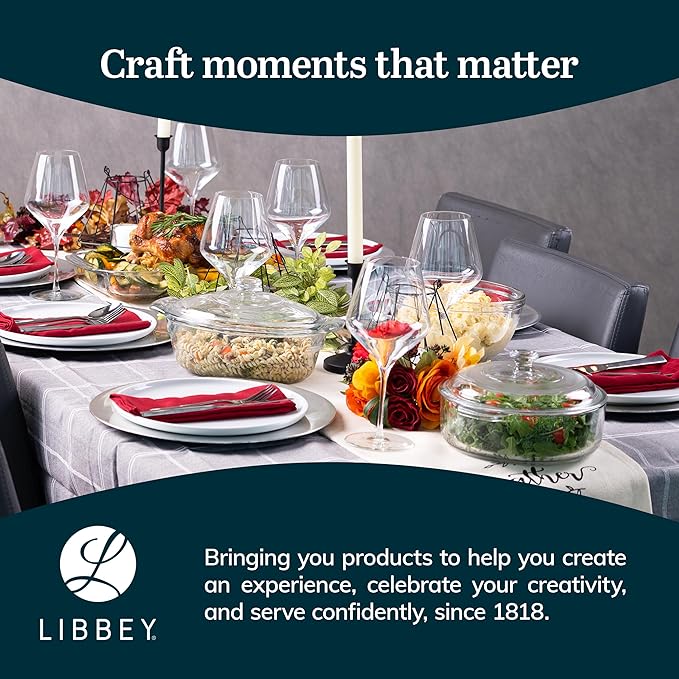 Libbey Round Casserole Dish with Lid Elegant Glass Bakeware with Lids Stackable Round Casserole Dishes for Oven Refrigerator Microwave and More