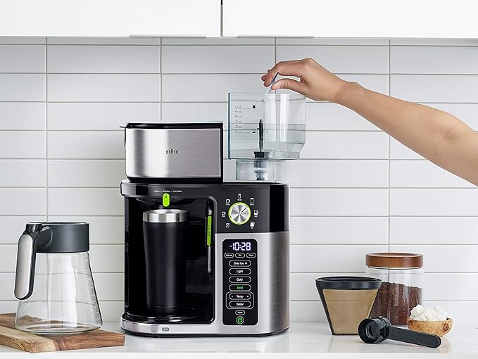 Braun MultiServe Coffee Machine 7 Programmable Brew Sizes / 3 Strengths + Iced Coffee &amp Hot Water for Tea Glass Carafe (10-Cup) Stainless/Black KF9150BK