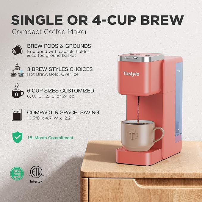 Single Serve Coffee Maker Iced and Hot Coffee Machine for K Cup &amp Grounds Compact Design 40oz Removable Water Reservoir 6 to 24 Oz Brew Sizes Fits 7.3 Travel Mug Salmon