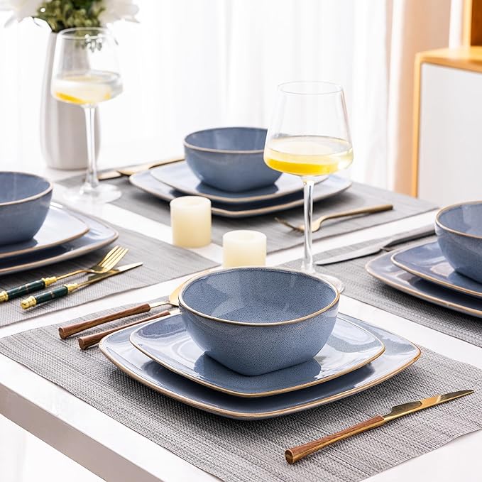 AmorArc Ceramic Dinnerware Sets for 4 12 Pieces Square Handpainted Plates and Bowls Set Chip and Scratch Resistant Stoneware Dishes Set Dishwasher &amp Microwave Safe Reactive Blue
