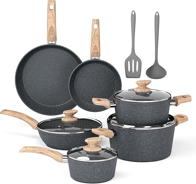 DishDelight Induction Pots and Pans Set 12 Piece Nonstick Cookware Granite Cooking Set with Frying Pans Gray