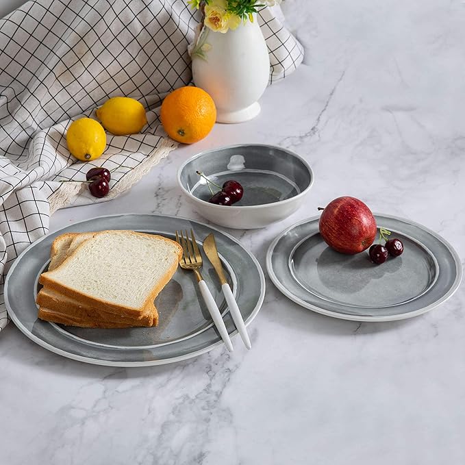 Melamine Dinnerware Set - 12pcs Dishes Dinnerware Set for 4 Indoor and Outdoor use Dishwasher Safe Break-resistant Lightweight Gray