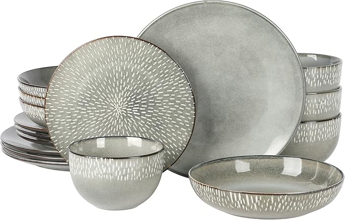 Gibson Elite Matisse 16-Piece Double Bowl Dinnerware Set Service for 4 – Green Stoneware Plates and Bowls