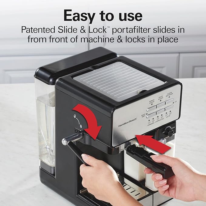 Hamilton Beach Slide and Lock Espresso Machine Programmable Coffee Maker for Café-Quality Cappuccino &amp Latte 15 Bar Pump Milk Frother Steamer Wand 70 oz. Removable Reservoir Black (40750)