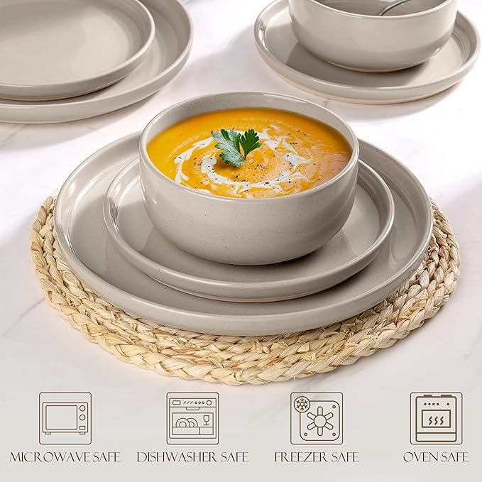 LIANYU Dinnerware Dishes Sets for 8 24-Piece Stoneware Dinner Set Ceramic Dining Bowls and Plates Crafted at 2400℉ Scratch Resistant Microwave &amp Dishwasher Safe Milky Brown