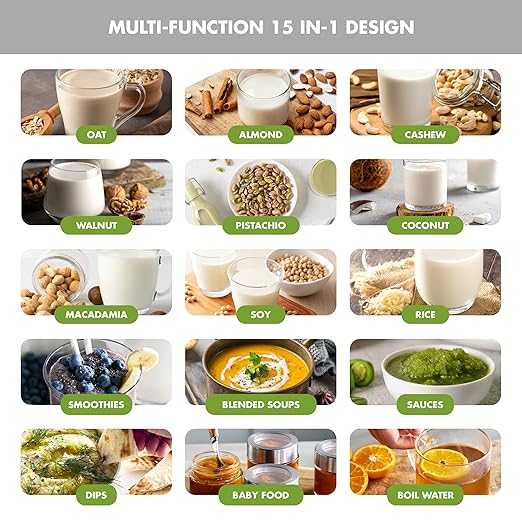 GreenPan Nut Milk Maker 15-in-1 Homemade Soy Almond Oat Coconut Non-Dairy Rice Soup Baby Food BPA-Free Smooth Creamy Texture Self Clean Barista Quality Milk Delay Start Boil Water Cream