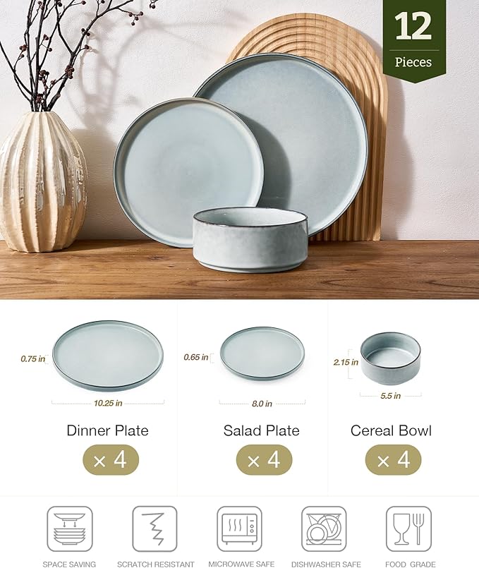 Famiware Annecy Plates and Bowls Sets 12 Pieces Dinnerware Sets Microwave and Dishwasher Safe Dishes Set for 4 Chip and Scratch Resistant Grey-Blue