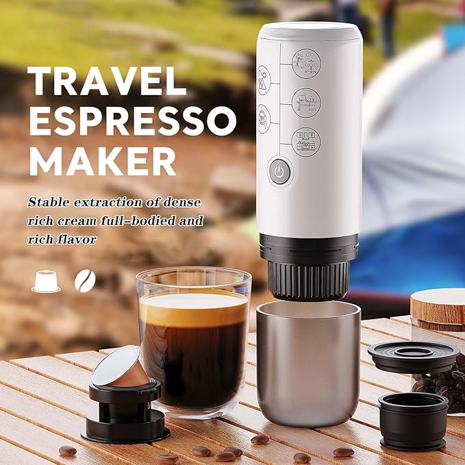Portable Espresso Machine 17 Bar Mini Coffee Maker Travel Coffee Maker for Camping Compatible with Nes Series Capsules and Ground Coffee Electric Espresso Maker (A-White)