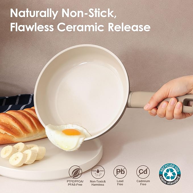 SENSARTE Ceramic Nonstick Pots and Pans Set 17pcs Healthy Induction Cookware Set Nontoxic Kitchen Cooking Set with Skillets &amp Saucepans Stay-cool Handles PFAS PTFE PFOA PFOS FreeTaupe