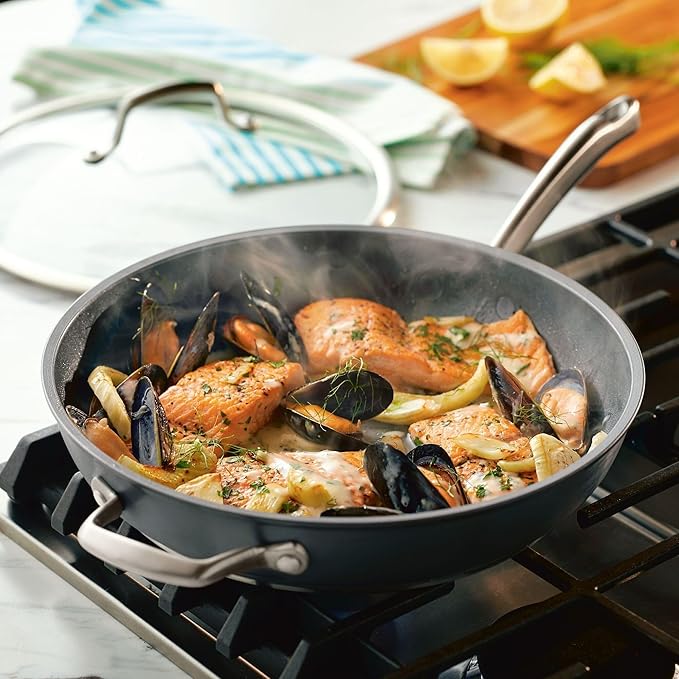 Anolon Accolade Forged Hard Anodized Nonstick Deep Frying Pan / Skillet with Helper Handle and Lid 12 Inch - Moonstone Gray