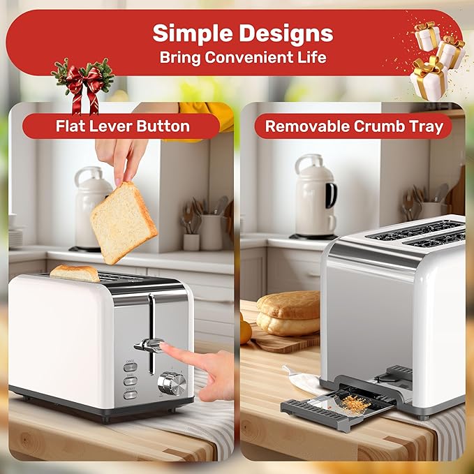 YSSOA Stainless Steel Toaster 2 Slice with Extra Wide Slot &amp Removable Crumb Tray 6 Shade Settings and Bagel/Defrost/Cancel Functions Compact Oven for Various Bread &amp Waffle White New