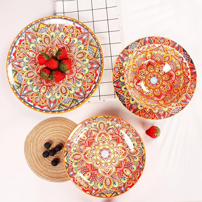 Mandala Dinnerware Sets (16 PCS) Serves for 4 Buffet Dinnerware Boho Plates and Bowls Set with 8.3 salad Plate 8.6/10.6dinner Plate 6.4 bowl apply Indoor Outdoor Dining