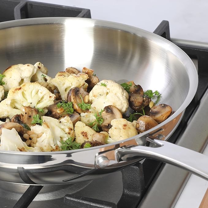 Sur La Table Kitchen Essentials Chef's Deck 11-Inch Large Stainless Steel Frying Pan – Induction Ready Skillet with Tri-Ply Base Polished Finish &amp Hollow Stay-Cool Handle