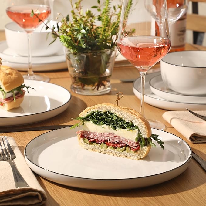 Gibson Home Oslo 12-Piece Porcelain Dinnerware Set – Dinner Plates Salad Plates &amp Bowls Classic White With Black Rim Everyday Dish Set for Home Kitchen Microwave &amp Dishwasher Safe