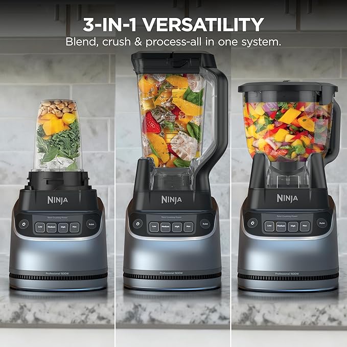 Ninja UltraCrush Professional Kitchen System | 1500W 72oz Full-Size Blender 8-Cup Food Processor &amp 18 oz To-Go Cup | Total Crushing Technology Smoothies Ice Crush Chopping &amp More | Silver