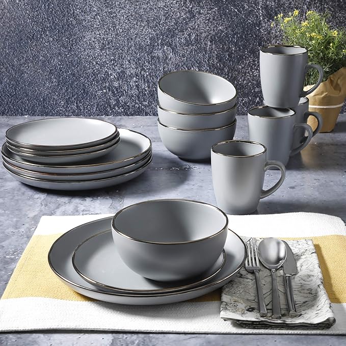 Gibson Home Rockaway 16-Piece Round Stoneware Dinnerware Set Service for 4 – Grey with Gold Rim Plates and Bowls Microwave &amp Dishwasher Safe