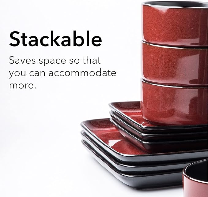 FLACKAR Square Stoneware 16pc Dinnerware Set for 4 Dinner Plates Side Plates Cereal Bowls Mugs - Reactive Glaze Red (485450)