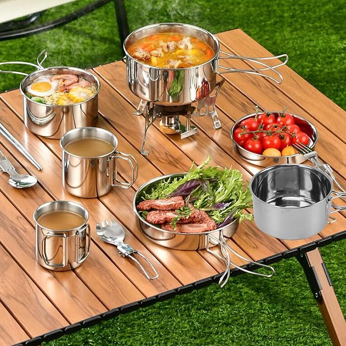 Topyond 6PCS Camping Pots and Pans SetPortable Cookware Set Rapid Heating 304 Stainless Steel Efficient Easy to Clean Multifunctional Tableware