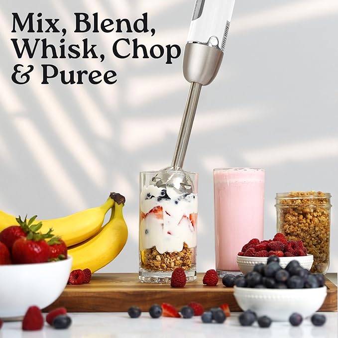 Zulay Immersion Stick Mixer Hand Blender - 800 Watts Turbo Mode 5-ft Power Electric Cord Handheld Portable Stainless Steel Blades - For Effortless Blending Smoothie Soup Baby Food Puree - White