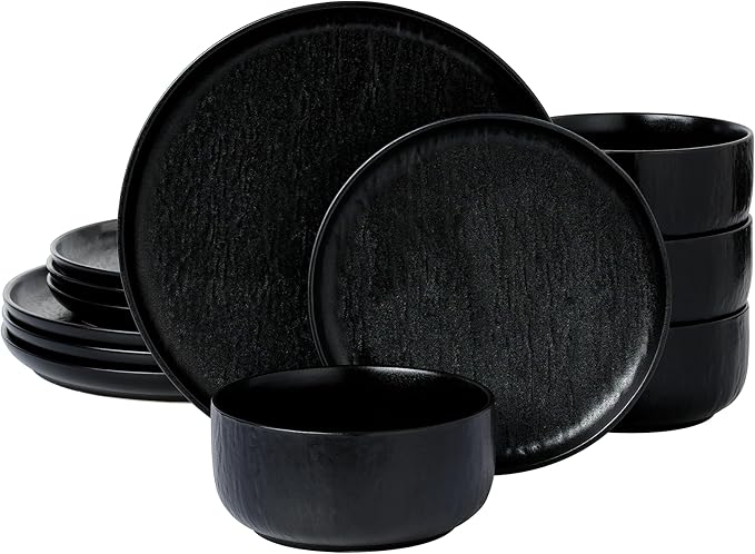 Joseph Sedgh Collection “Ari 12-piece Stoneware Dinnerware Set with Protective Glaze Finish Service for 4 Matt Black