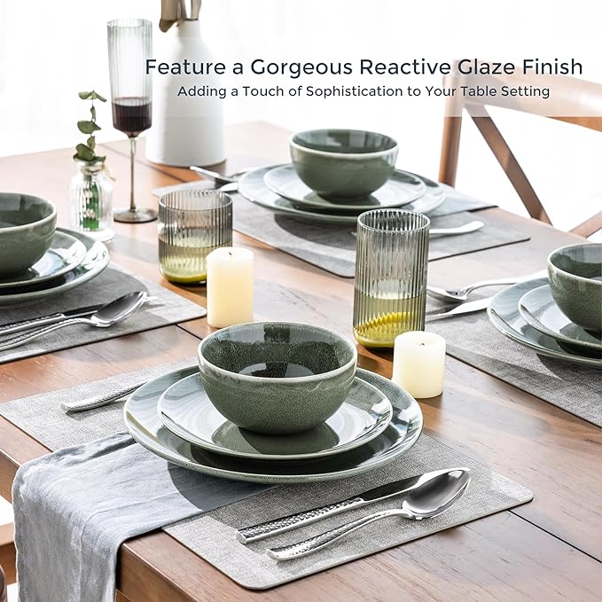 AmorArc Ceramic Dinnerware Sets for 4 12 Pieces Handpainted Plates and Bowls Set Scratch Resistant Stoneware Dishes Set Dishwasher &amp Microwave Safe Jade Green