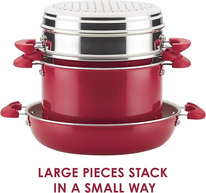 Rachael Ray 12166 8-Piece Create Delicious Stackable Nonstick Cookware Set Red Shimmer