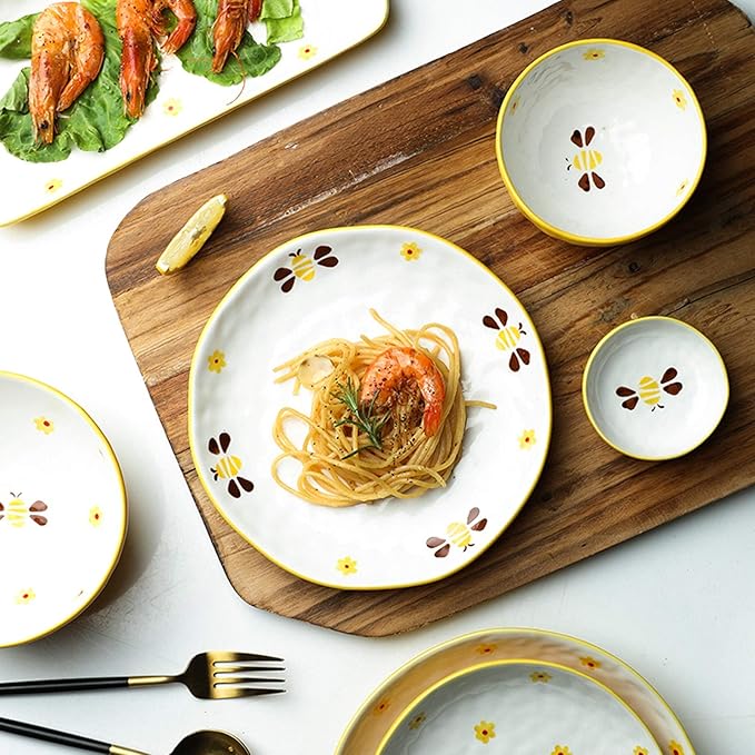 Beautiful Cute Hand-Painted Bees Dinnerware Sets Durable Ceramic Dinner Plate Sets Creative Dishes Set Plates Bowls and Snack
