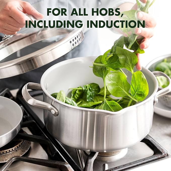 GreenPan Venice Pro Tri-Ply Stainless Steel Healthy Ceramic Nonstick 7 Piece Cookware Pots and Pans Set PFAS-Free Multi Clad Induction Dishwasher Safe Oven Safe Silver