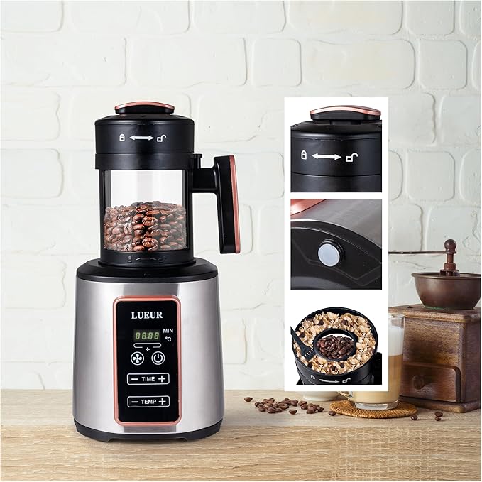 LUEUR Electric Coffee Bean Roaster Machine for Home Use 1500W Hot Air Coffee Roaster with Adjustable Timer Variable Heat &amp Air Fan Settings Chaff Collection Basket 100g Capacity