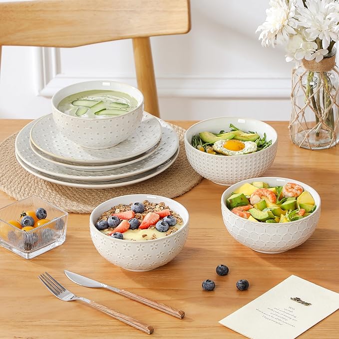 MALACASA 16 Pieces Dinnerware Sets Modern Relief Design Plates and Bowls Sets White Dish Set for 4 Kitchen Ceramic Dinner Plates Dishware Set Microwave and Dishwasher Safe Series LYDIA