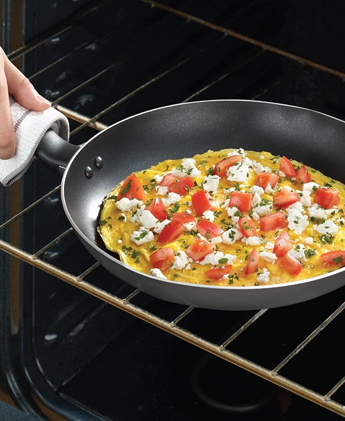 T-fal Initiatives Nonstick Cookware Set 18 Piece Oven Broiler Safe 350F Kitchen Cooking Set w/Fry Pans Saucepans Stockpots Skillet Spoons Lids Pots and Pans Set Dishwasher Safe Stone Grey