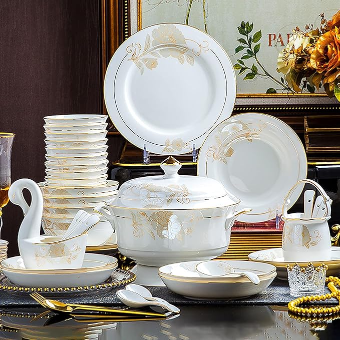 70 Pieces Dinnerware Set for 10White Porcelain Kitchen Bone China Dinner Combi-Set with Cereal Bowls Dessert Plates Dishes and Soup Plates Dinner Plates and Soup Pot with Gold Ri