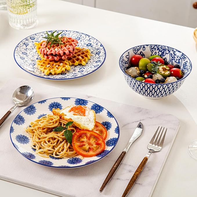 24 Pieces Ceramic Dinnerware - 12 Oz Dessert Bowls and 8.5 Inch Salad Plates and 24 Oz Cereal Bowls and 8.3 In Rectangle Serving Platters Sets - Service for 6 - Vintage Blue