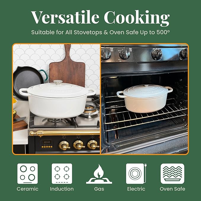 Larder &amp Vine Enameled Cast Iron 8 qt Dutch Oven Pot with Lid | Bread Baking | Compatible on All Cooktops &amp Oven Safe to 500° F | Great for Sourdough Bread | White