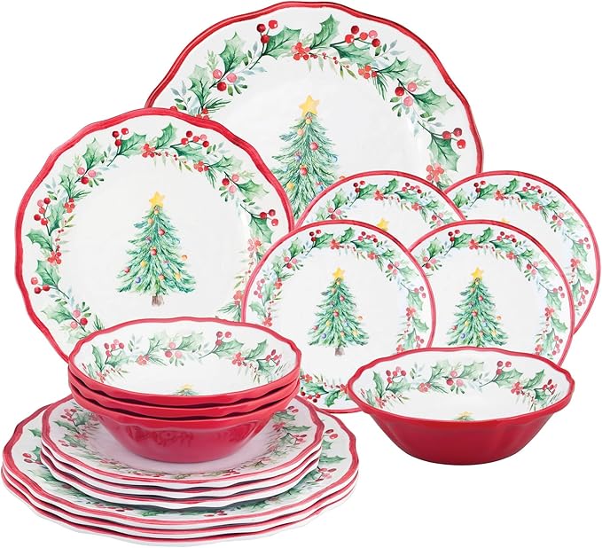 UPware 16 Piece Christmas Tree Melamine Dinnerware Sets Outdoor Dishes Set Plates and Bowls Sets Christmas Decorations Service for 4 Red