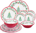 UPware 16 Piece Christmas Tree Melamine Dinnerware Sets Outdoor Dishes Set Plates and Bowls Sets Christmas Decorations Service for 4 Red