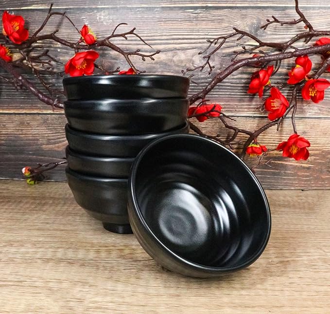 Ebros Gift Contemporary Ridged Matte Black Melamine Series Dinnerware Serveware Kitchenware Set Japanese Chinese Restaurant Supply (Pack Of 6 Small Round Soup Appetizer Rice Bowls 10oz)