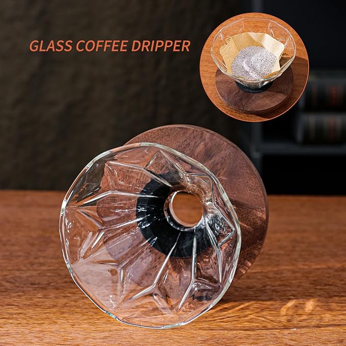 Pour Over Coffee Maker Set 21 oz/620ml Glass Pour Over Coffee Dripper Filter Coffee Maker Kit Manual Grinder with Walnut Handle for Home Office Cafe Restaurant Camping (Clear)