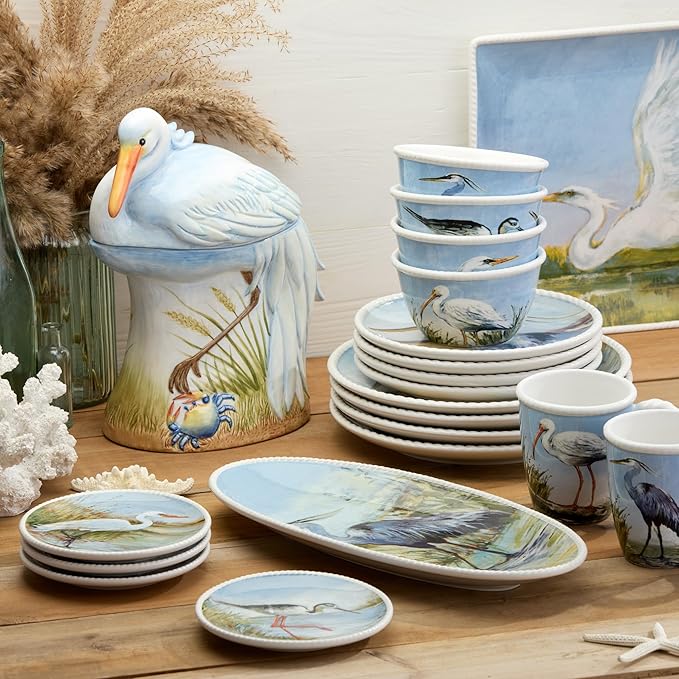 Coastal Birds 16-Piece DINNERWARE SET SERVICE for 4 Ceramic Dinner Salad Plates Mugs Bowls artist-designed Wetland Birds Blue Sky for Coastal Dining