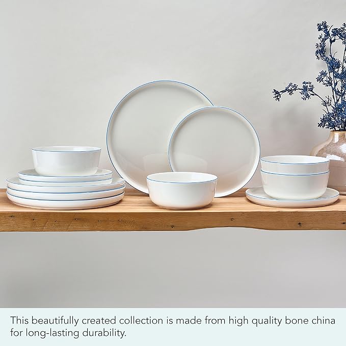 Mikasa Samantha 12 Piece Bone China Dinnerware Set Service for 4 Flat Plates and Bowl with Blue Rim Chip-Resistant Lightweight Elegant and Durable White