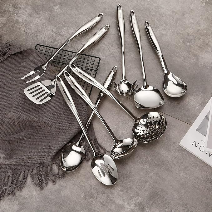 304 Stainless Steel Kitchen Utensil Set - 9 PCS Serving Utensils Cooking Utensil Solid Spoon Slotted Spoon Fork Spatula Ladle Skimmer Spoon Slotted Spatula Tunner Spaghetti Spoon Large Spoon