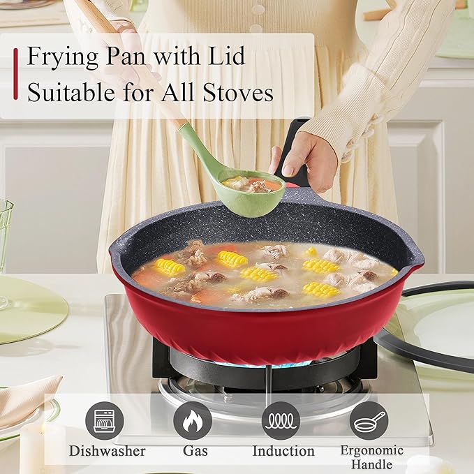 Vinchef Nonstick Skillet with Lid 11In/5Qt Aluminum Deep Frying Pan with Lid and Heat Indicator Anti Scratch and Anti Stain Deep Saute Pan Induction Compatible