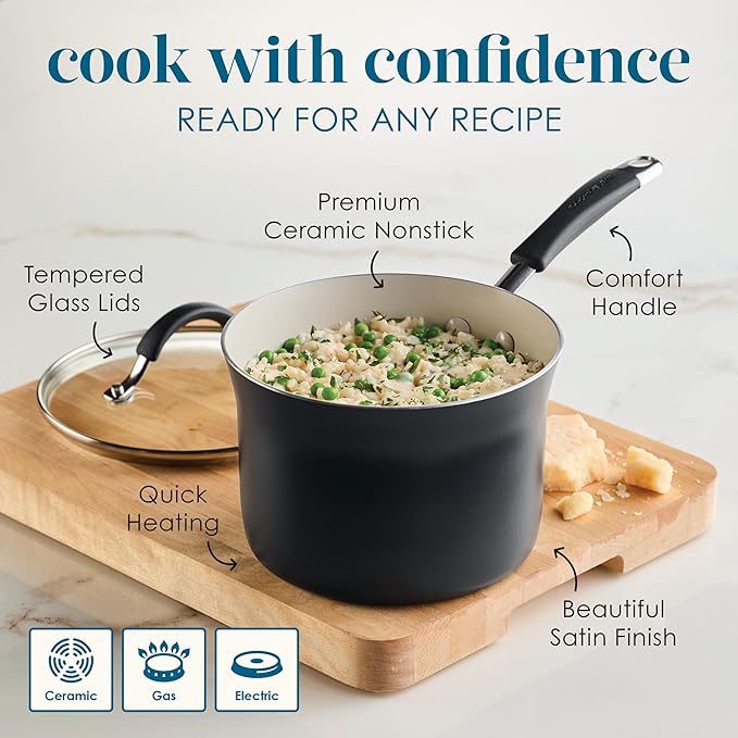 Rachael Ray Cucina Ceramic Nonstick Pots and Pans Set with Saucepans Frying Pans Stockpot Lids and Pan Protectors 10 Piece Non Stick Cookware Set Dishwasher Safe - Peppercorn