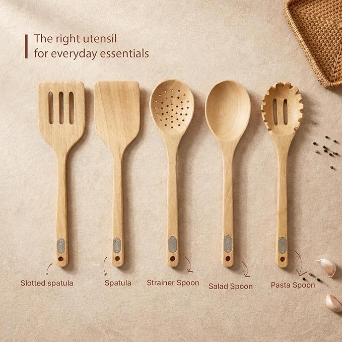 Koppen Rubber Wood Kitchen Utensils Set Durable Wooden Cooking Spoon and Spatula Ladle for Nonstick Cookware Non Toxic Heat Resistant Smooth Grip Modern Elegant Design for Everyday (5 Piece Set)
