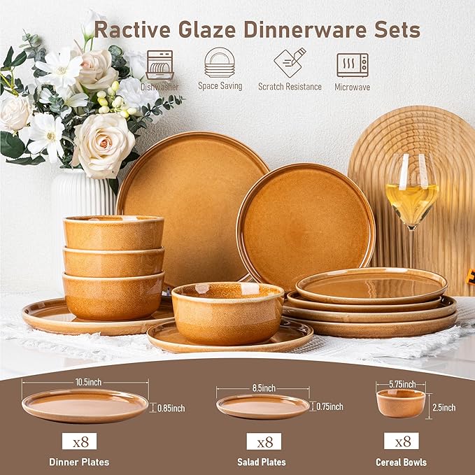 GBHOME Ceramic Dinnerware Sets for 8 24 Pieces Stoneware Plates and Bowls Sets Scratch Resistant Dishes Dishwasher &amp Microwave Safe Reactive Glaze-Amber