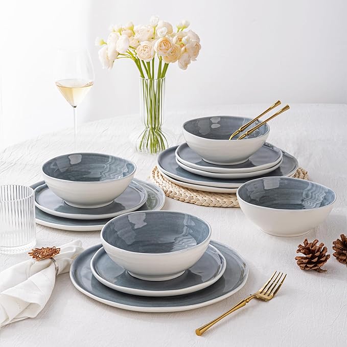 LERATIO Ceramic Dinnerware Sets for 4Porcelain Plates and Bowls Sets with Wavy EdgeMicrowave &amp Dishwasher &amp Oven SafeLight Weight &amp Scratch Resistant Dishes Sets-Service for 4-Jean blue