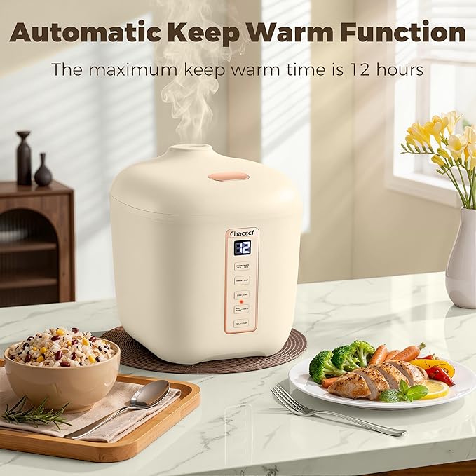 CHACEEF Mini Rice Cooker 2 Cups Uncooked 1.2L Rice Cooker Small Portable Non-Stick Small Travel Rice Maker BPA Free Smart Control Multifunction Cooker with 24 Hours Timer Delay &amp Keep Warm Fun
