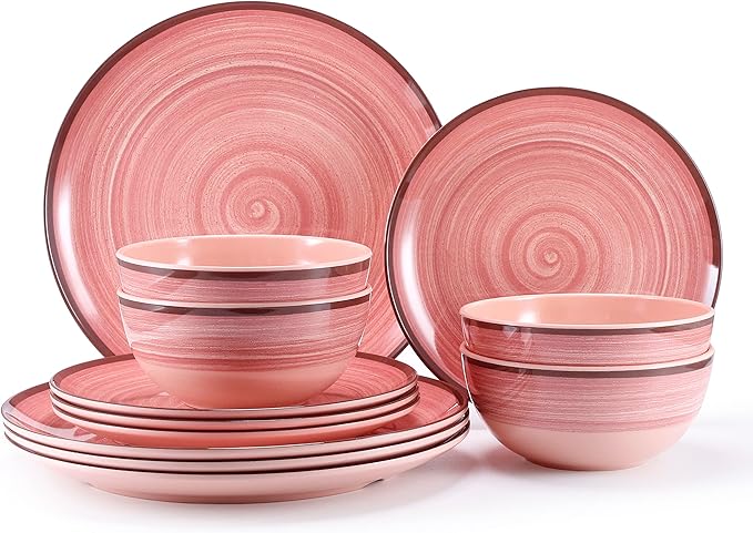 12Pcs Melamine Dinnerware Set Plates And Bowls Sets for 4 Pink Color Dinnerware Sets Melamine Plates Bowls Indoor and Outdoor Use Dish Set Dishwasher Safe BPA Free(Pink)